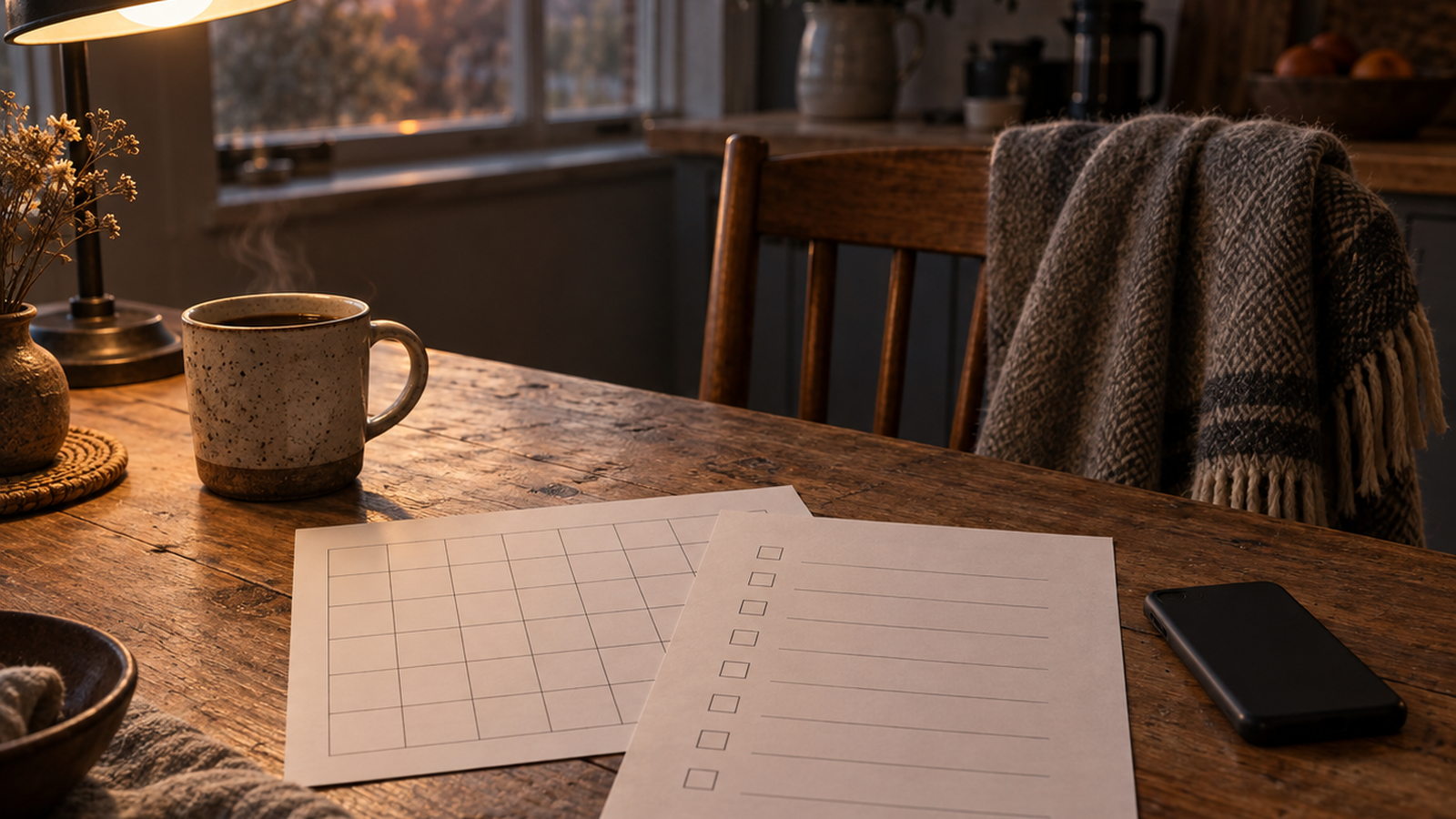 A kitchen table at dawn with a blank time-diary grid and a blank questionnaire under a desk lamp, beside a coffee mug and a face-down phone.