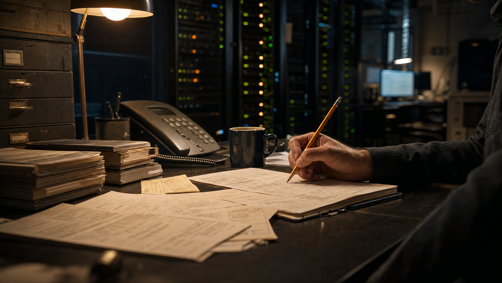 Security operations desk with paper repair tickets, server racks, status lights, and a technician marking one verified fix.