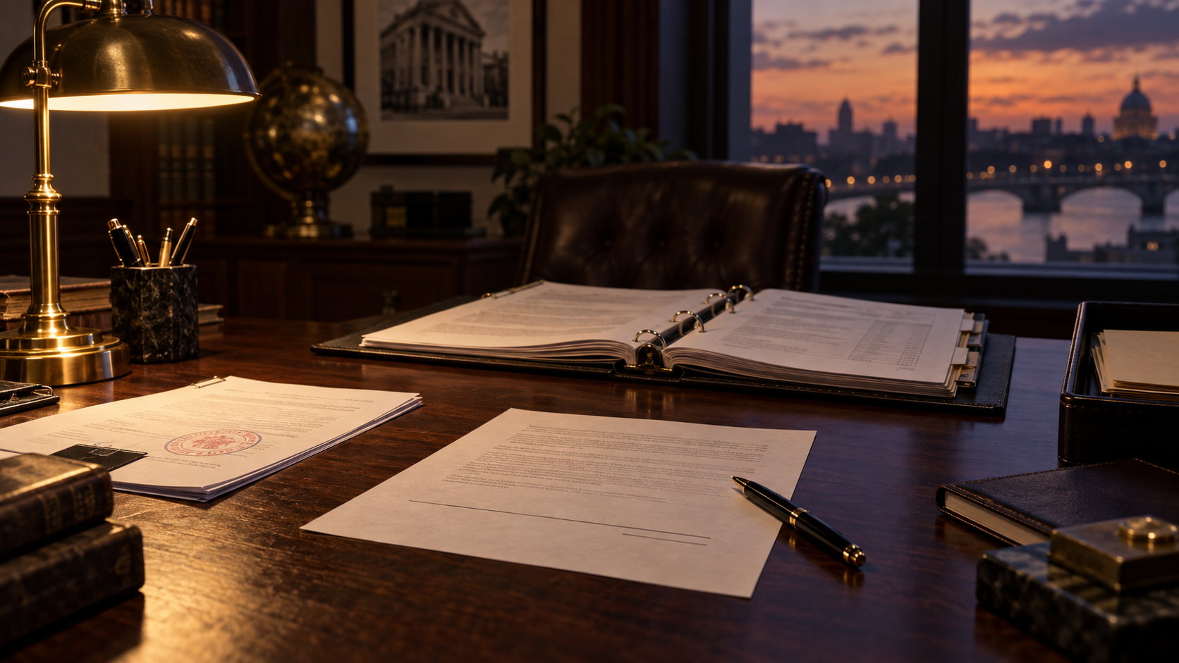 A bank operations desk at dusk with an open vendor binder, a stamped report to one side, and an unsigned residual-risk line on a paper form.