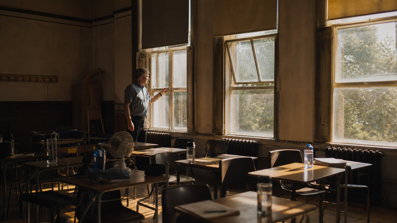 Overheated classroom with old windows, drawn blinds, water bottles, and a teacher checking the room after dismissal.