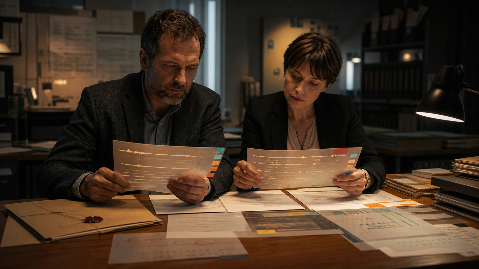 A clinician and technical evaluator compare versioned conversation records in a quiet review room.