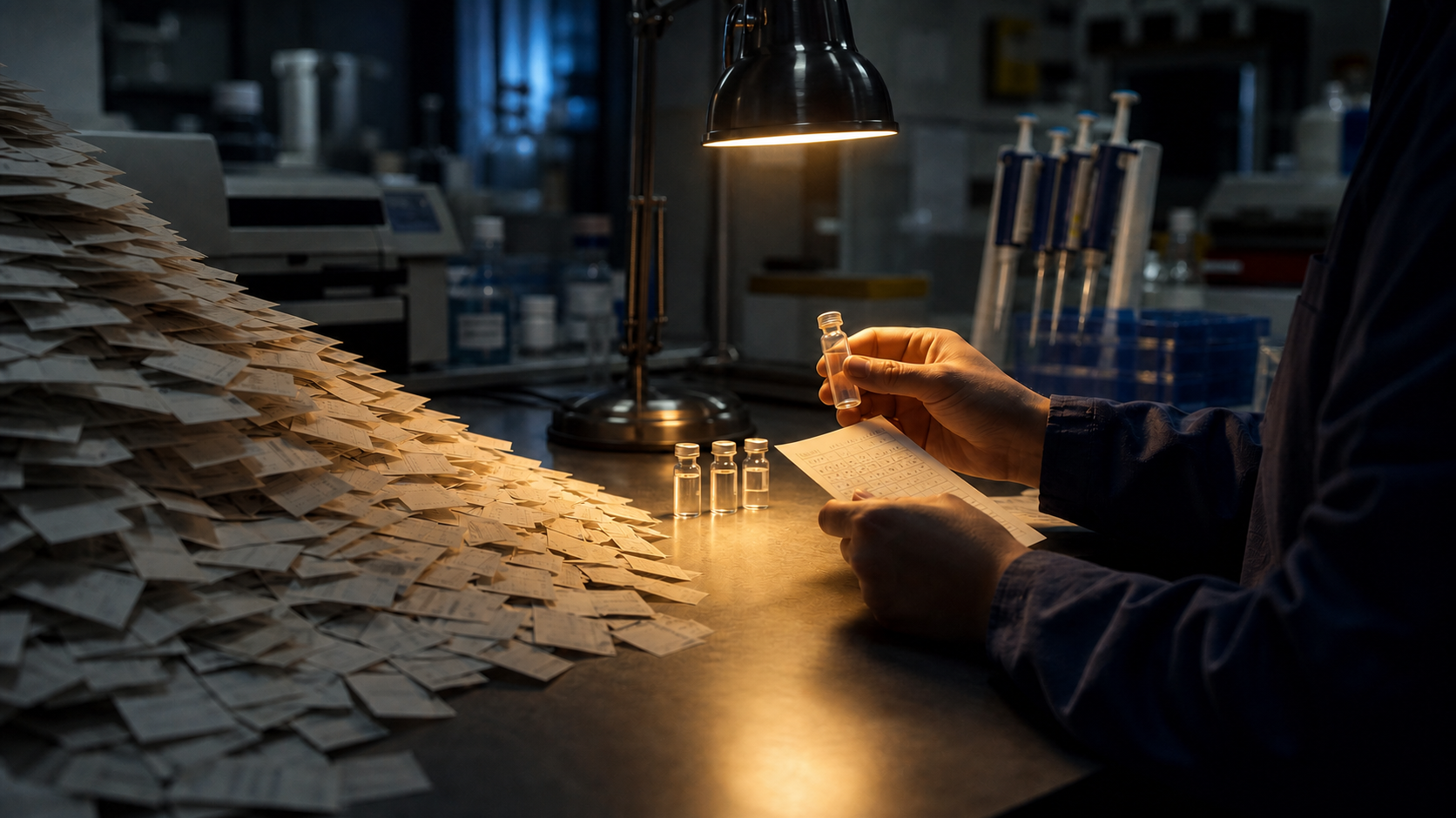 A researcher compares a small glass sample with an assay sheet as a large stack of candidate records narrows to a few vials under a laboratory lamp.