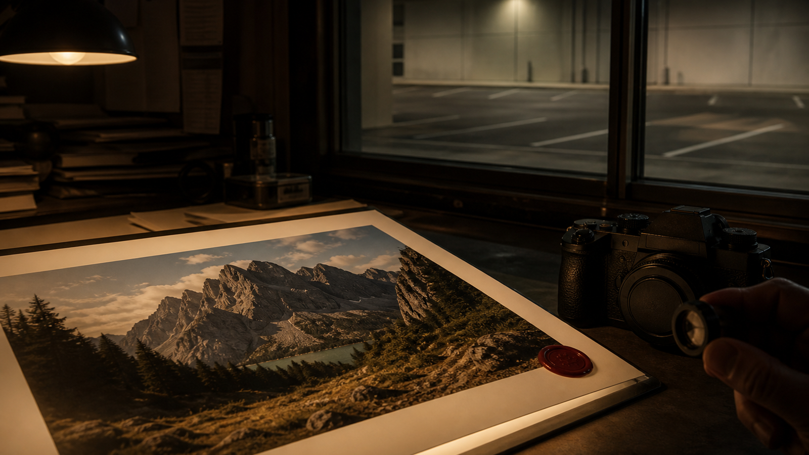 A sealed landscape print on a newsroom light table beside an unused camera, with an empty parking lot outside.