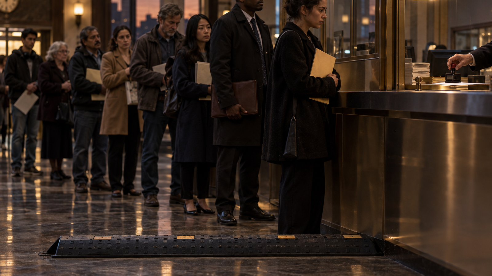 A mixed-age line waits at a bank cash-out window while a rubber speed bump sits across the marble floor and a clerk's hand holds a stamp.