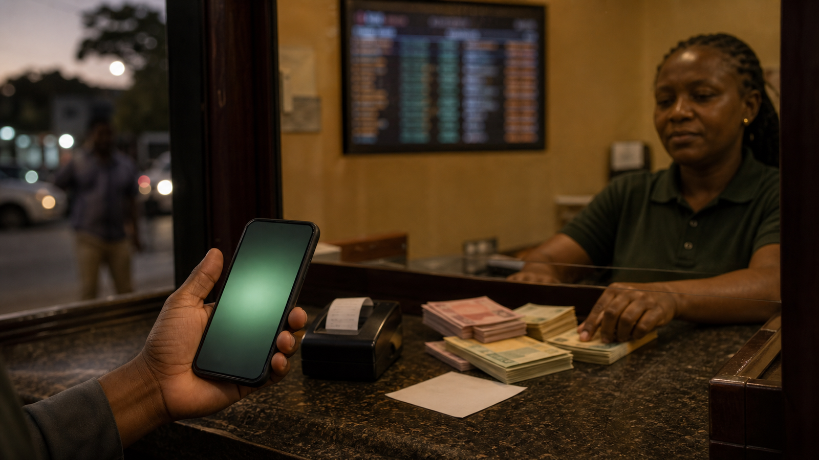 A customer and clerk complete a cash-out transaction across a modest remittance counter at dusk.