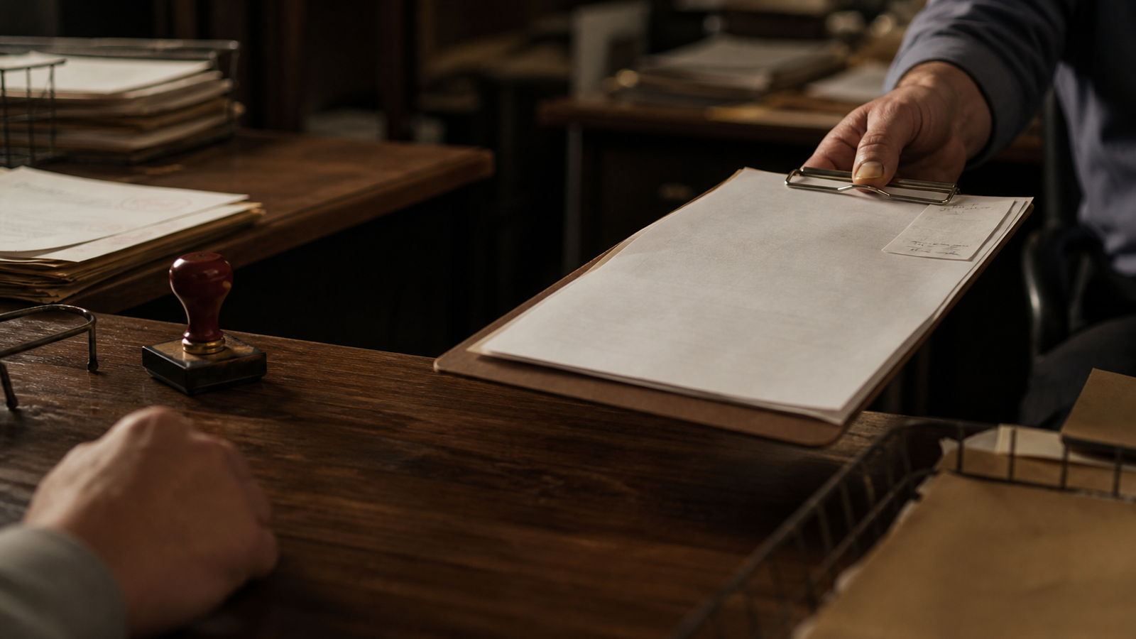 A stamped STOP page on one desk and a handwritten note on a clipboard being passed to the next desk.