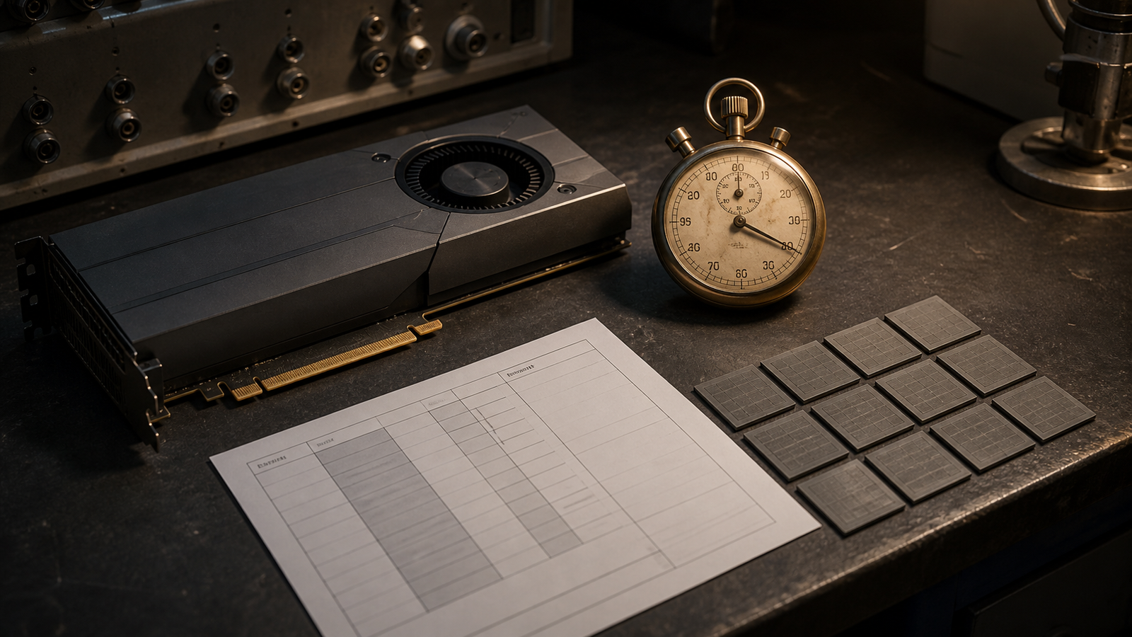 A stopwatch records uneven run times beside an AI accelerator and a clean operation-count sheet.