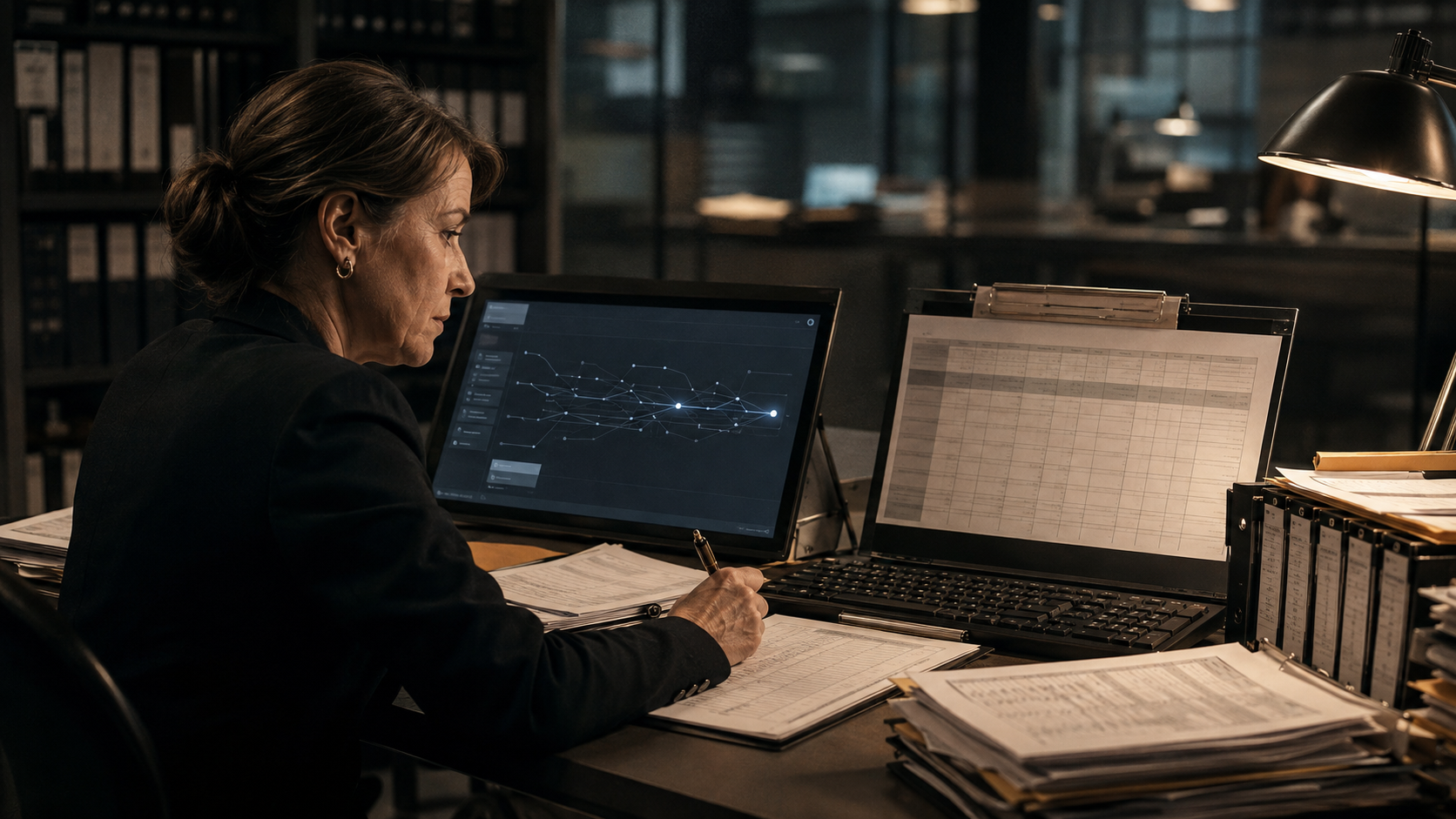 A records specialist compares a completed network transfer trace with an ownership register awaiting confirmation.