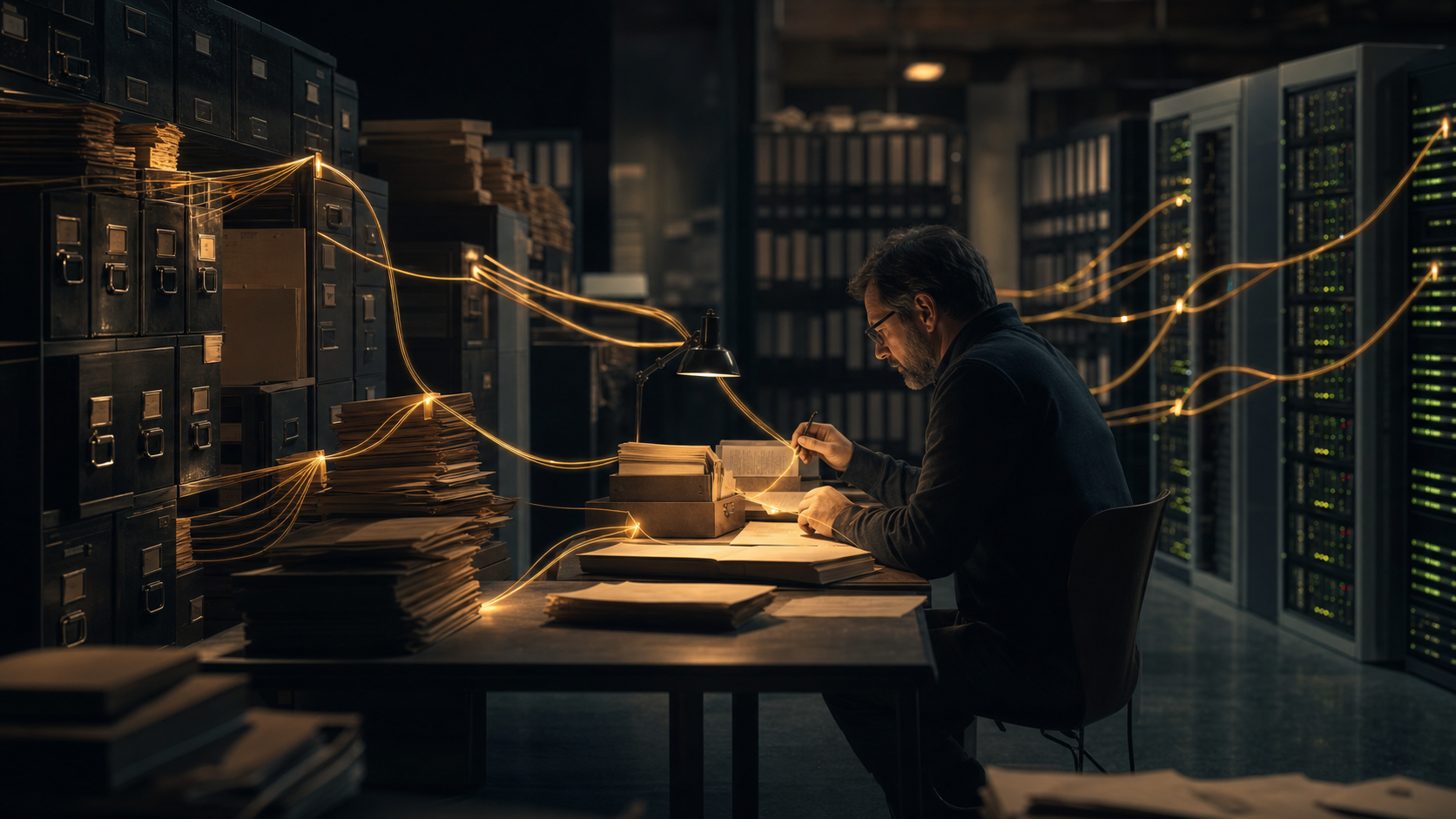 Editorial archive and server-room image showing institutional trust records being traced before migration.