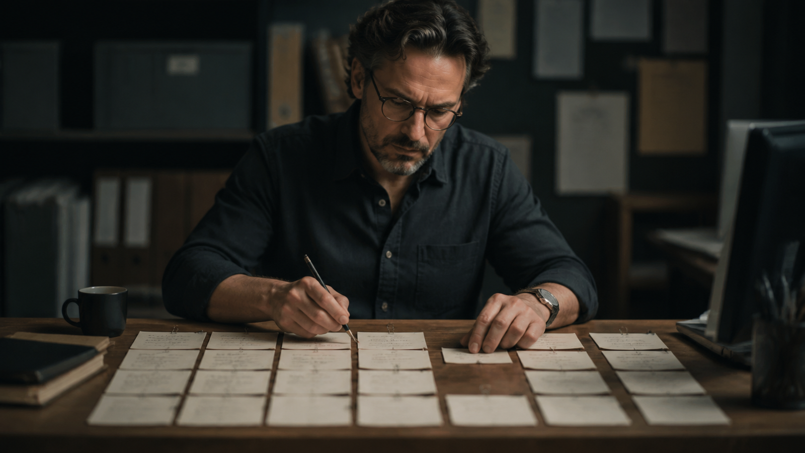 A person arranges a sequence of workflow cards on a worktable beside a computer.