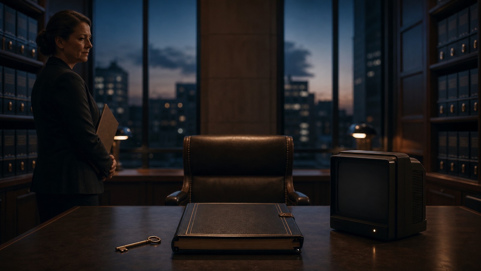 A records clerk stands beside an empty executive chair, a sealed ledger, a brass key, and a dark computer terminal in a corporate records room.