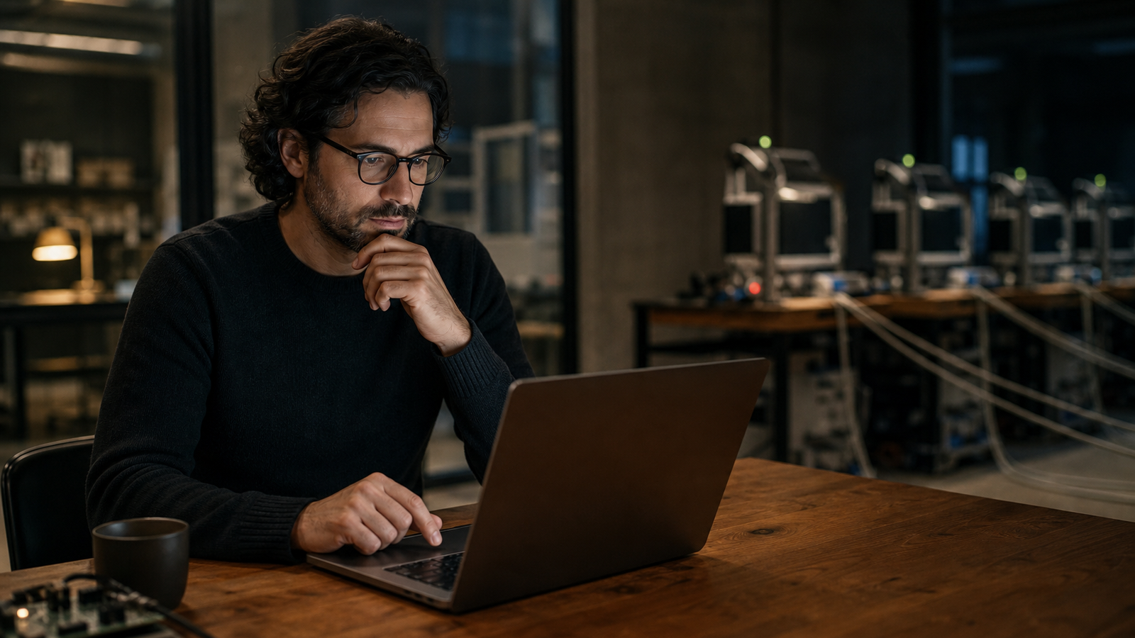 A software maintainer pauses over a laptop while automated test stations operate beyond a glass partition.