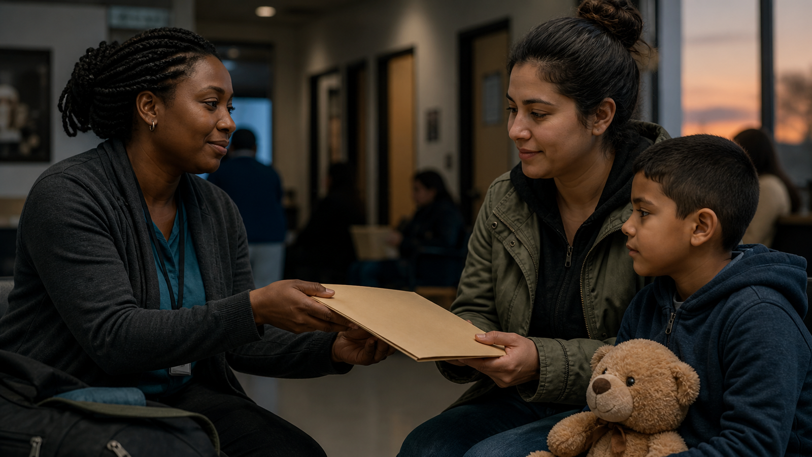 A community health worker carefully passes a care folder to a family moving through a transit clinic.