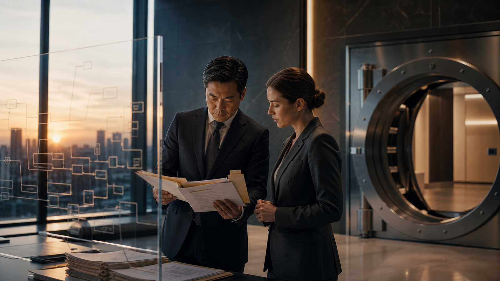 Two financial risk reviewers study a credit file and model map beside a bank-vault threshold.
