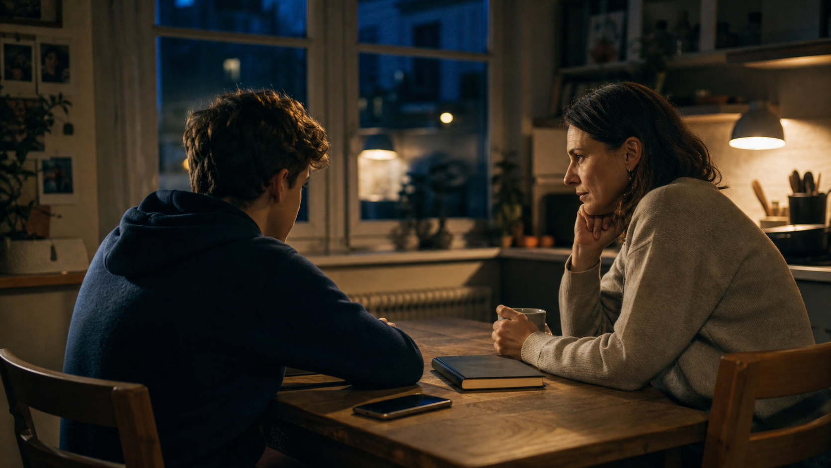 A teenager and trusted adult sit together at a kitchen table beside a phone and notebook in the early evening.