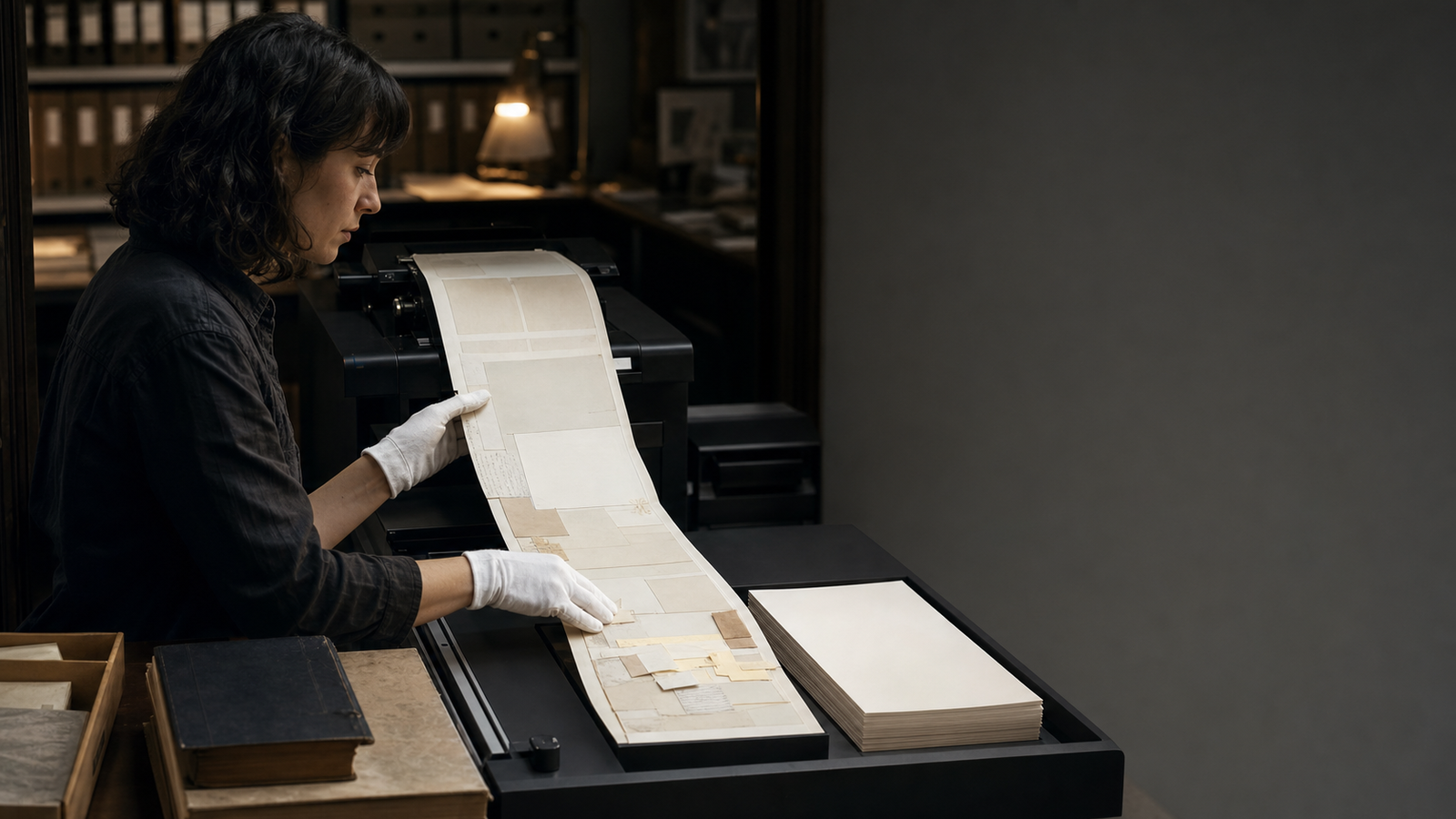 An archive curator separates a mixed-source page at a scanning station while the output becomes one uniform stack.