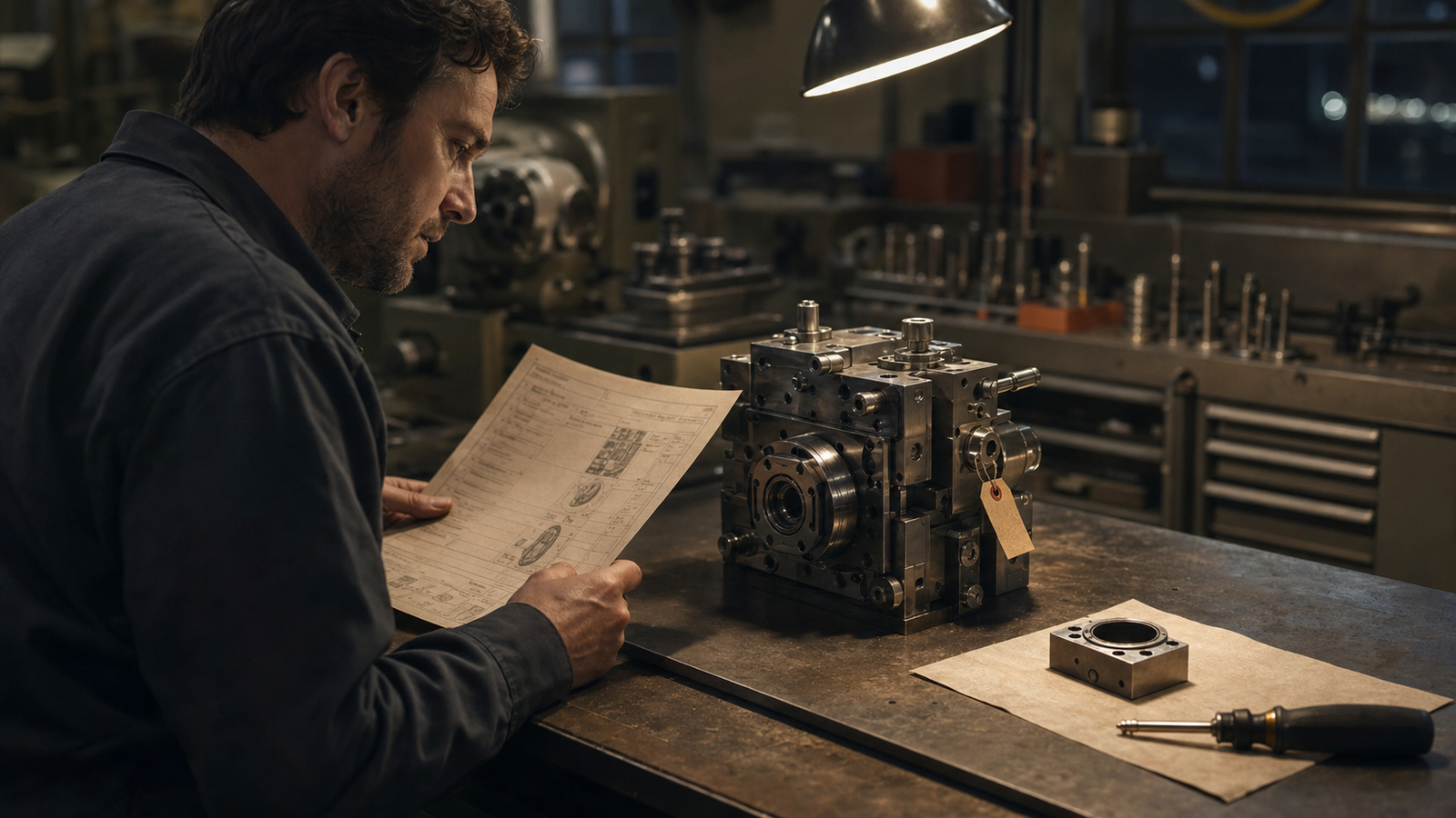 A precision-workshop operator compares an inspection sheet with a tagged machine while the repair part and tool remain untouched.