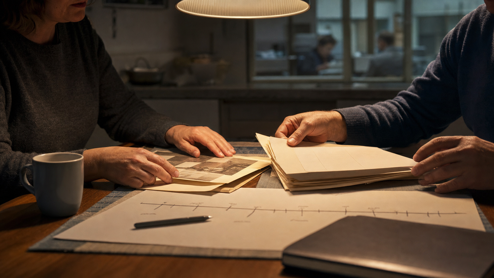 Two adults organize an unlabeled folder and paper timeline at a kitchen table while a public-service counter remains softly out of focus beyond glass.