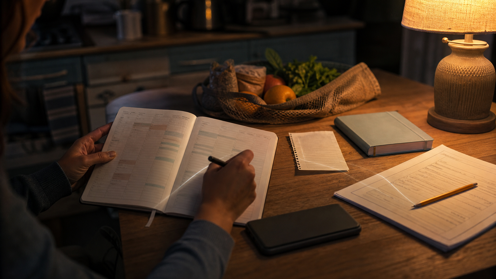 An adult reviews an unlabeled day planner at a warm kitchen table beside household, school, and work materials connected by a faint thread of light.