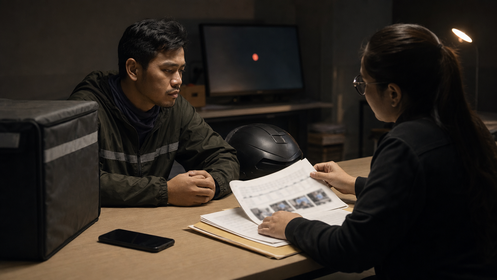 A platform worker and a human reviewer examine an evidence file in a quiet after-hours office.