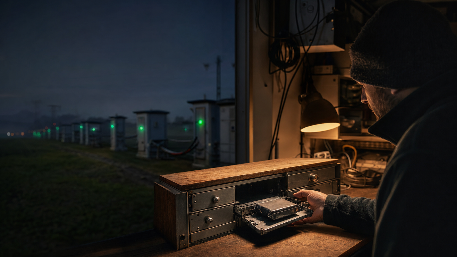 A calm technician examines a delivered parcel at a jammed local storage drawer while connected relay stations remain lit outside.