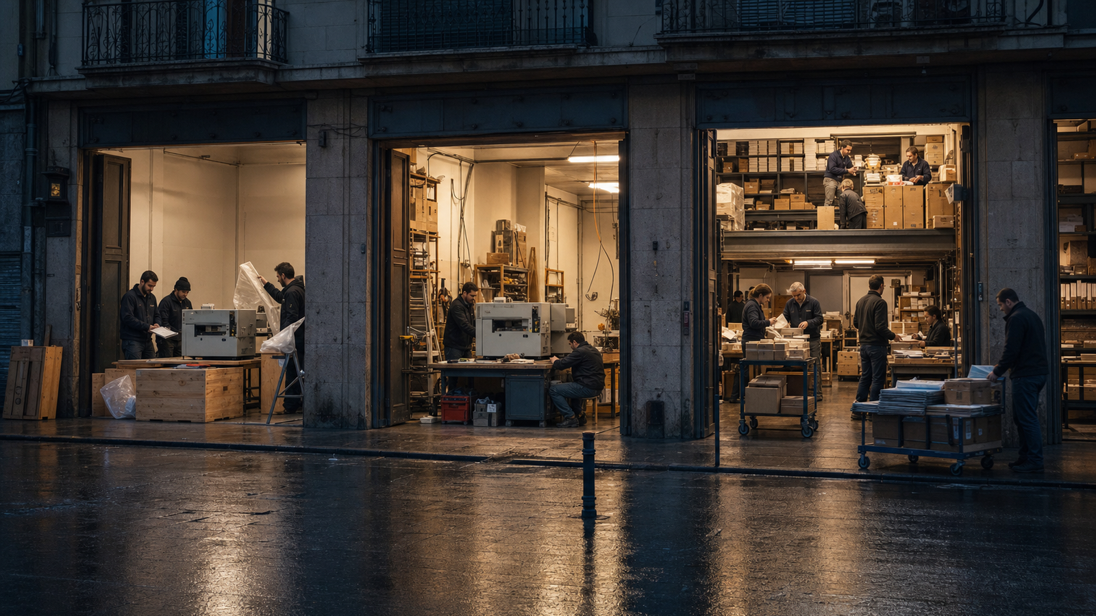 Three neighboring workshops receive similar machines while one has built a larger human operations and logistics system around its machine.