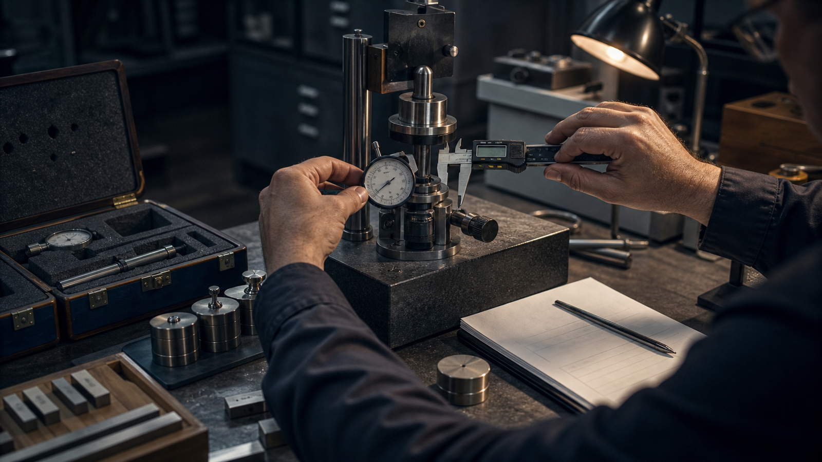 A human evaluator calibrates several measurement instruments against one physical test rig in a serious metrology laboratory.