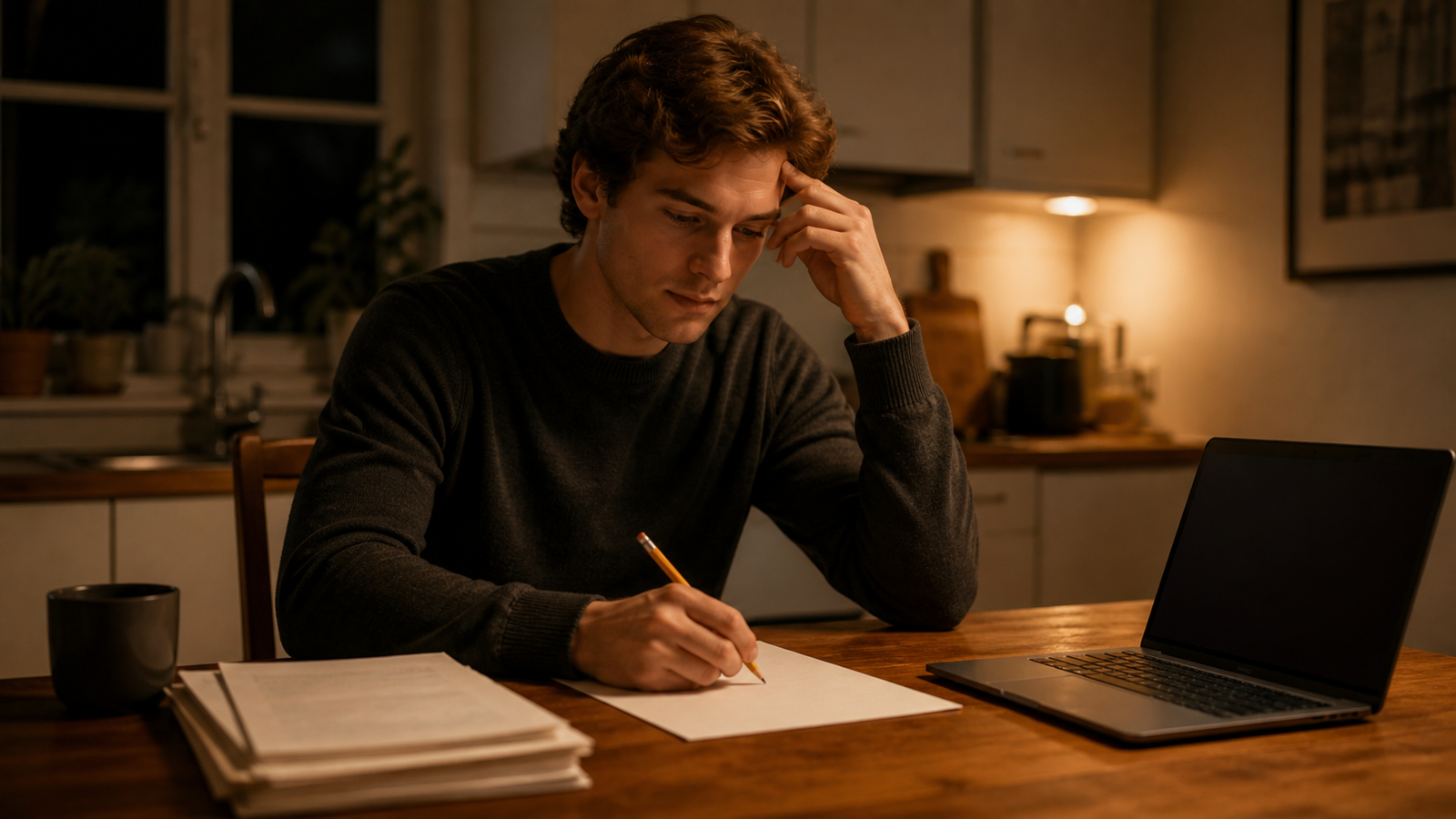 An adult learner works on a fresh problem at a kitchen table beside a dark laptop.