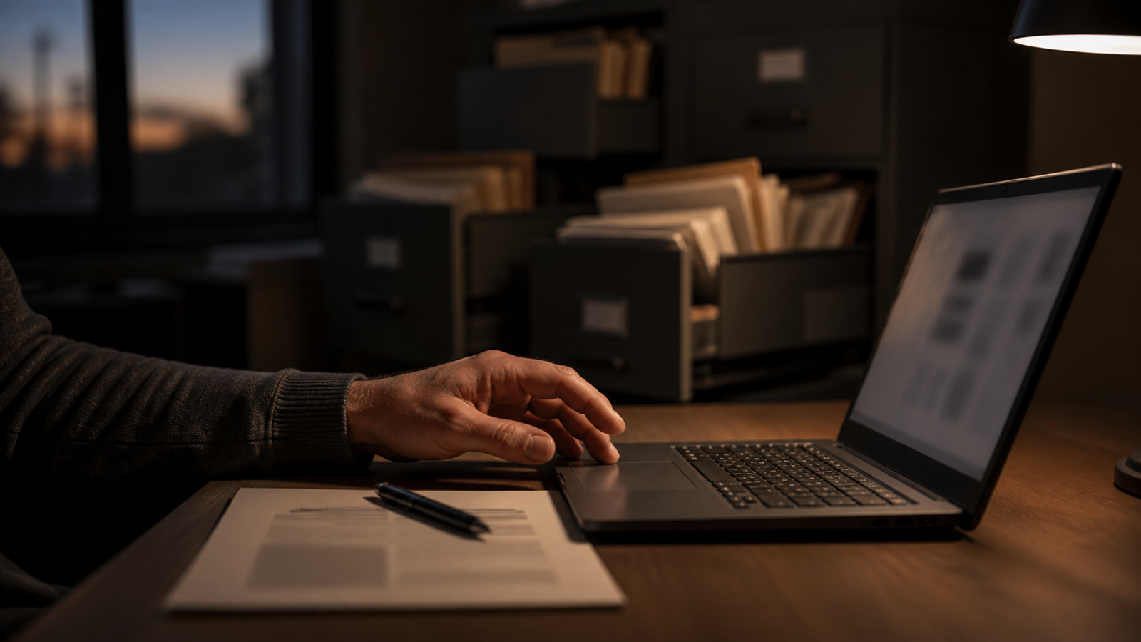 A hand pauses over a laptop while unrelated file drawers stand open behind the desk.