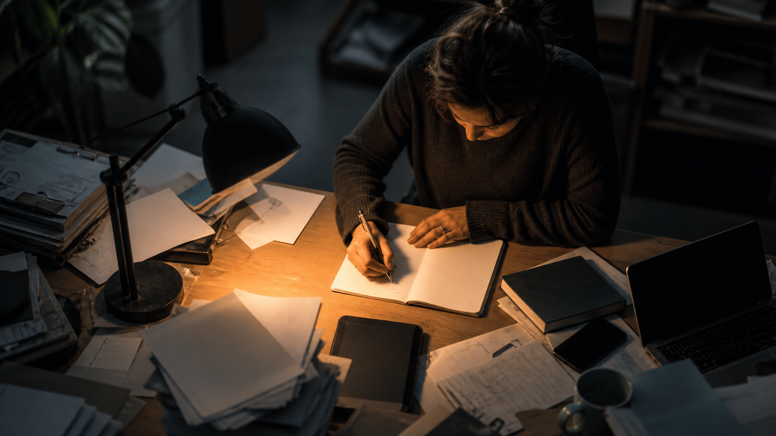 A knowledge worker writes in a notebook while scattered devices and papers recede into cooler shadow around one pool of warm light.