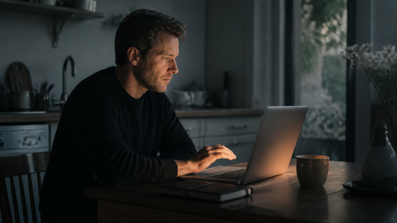A person pauses at a kitchen table as warm light from an unreadable laptop reaches a closed journal and mug.
