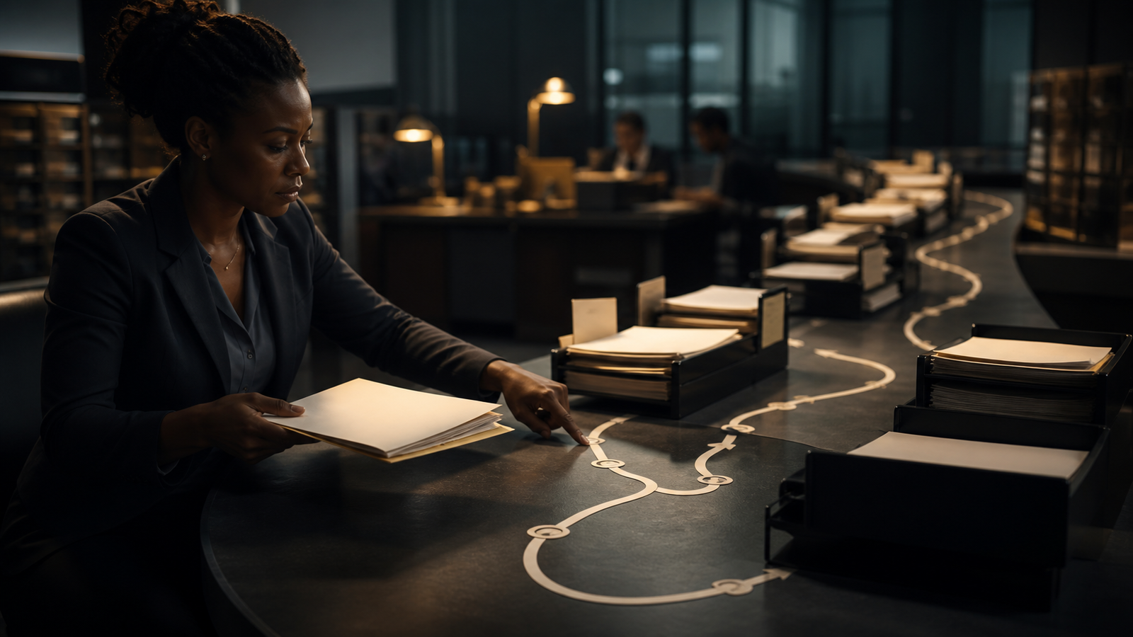 An operator traces a looping paper route between document trays to inspect how work reached its final answer.
