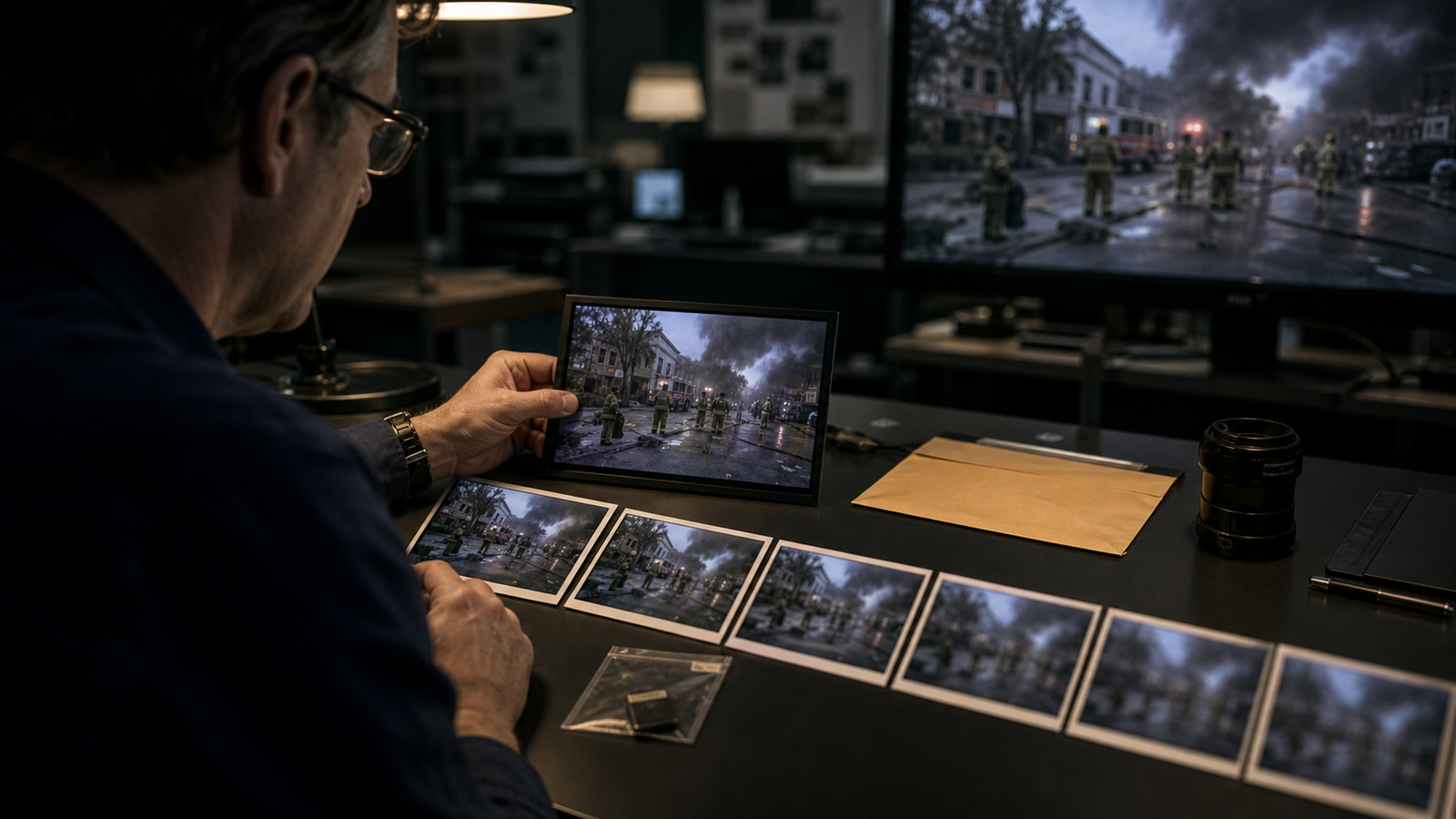 A media verifier compares a crisp original emergency-scene frame with progressively compressed copies at an evidence desk.