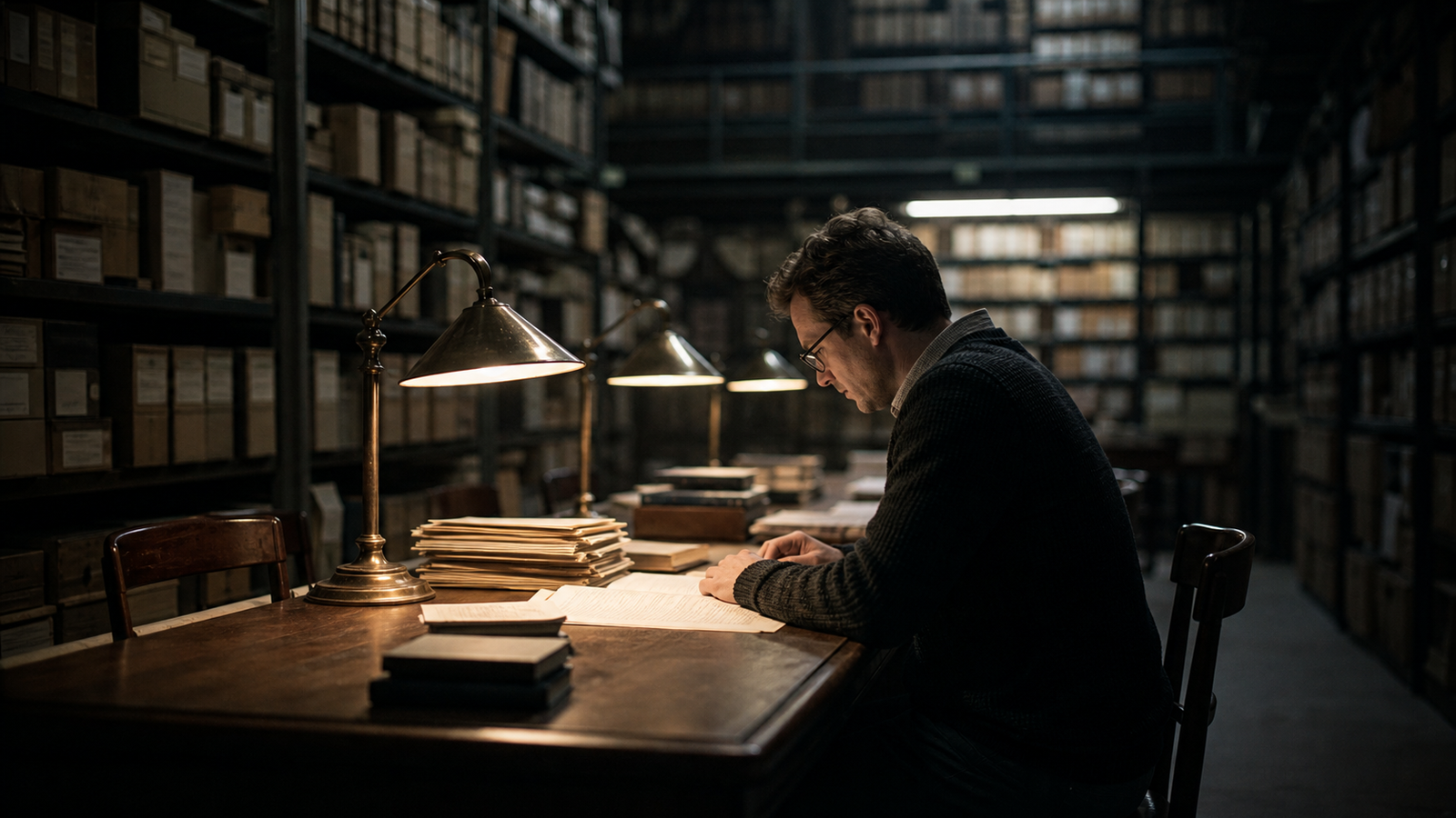 A researcher studies a small selected stack while a much broader archive remains visible around the table.