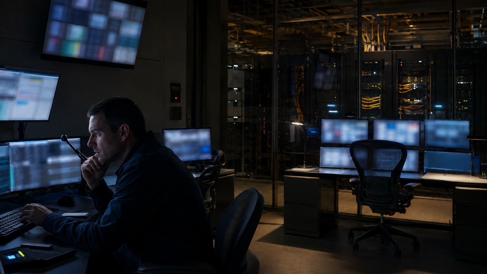 A security operator reviews access activity while an empty workstation stays active in front of a glassed server room.