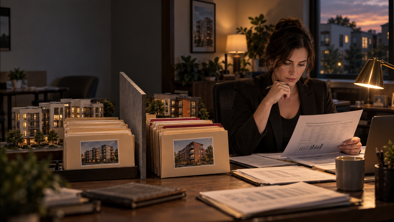 A property manager reviews rent records beside apartment folders kept apart by a physical divider.